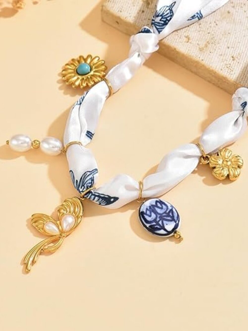 18K Gold Plated Silk Scarf Necklace for Women, Bandana Necklace with Stainless